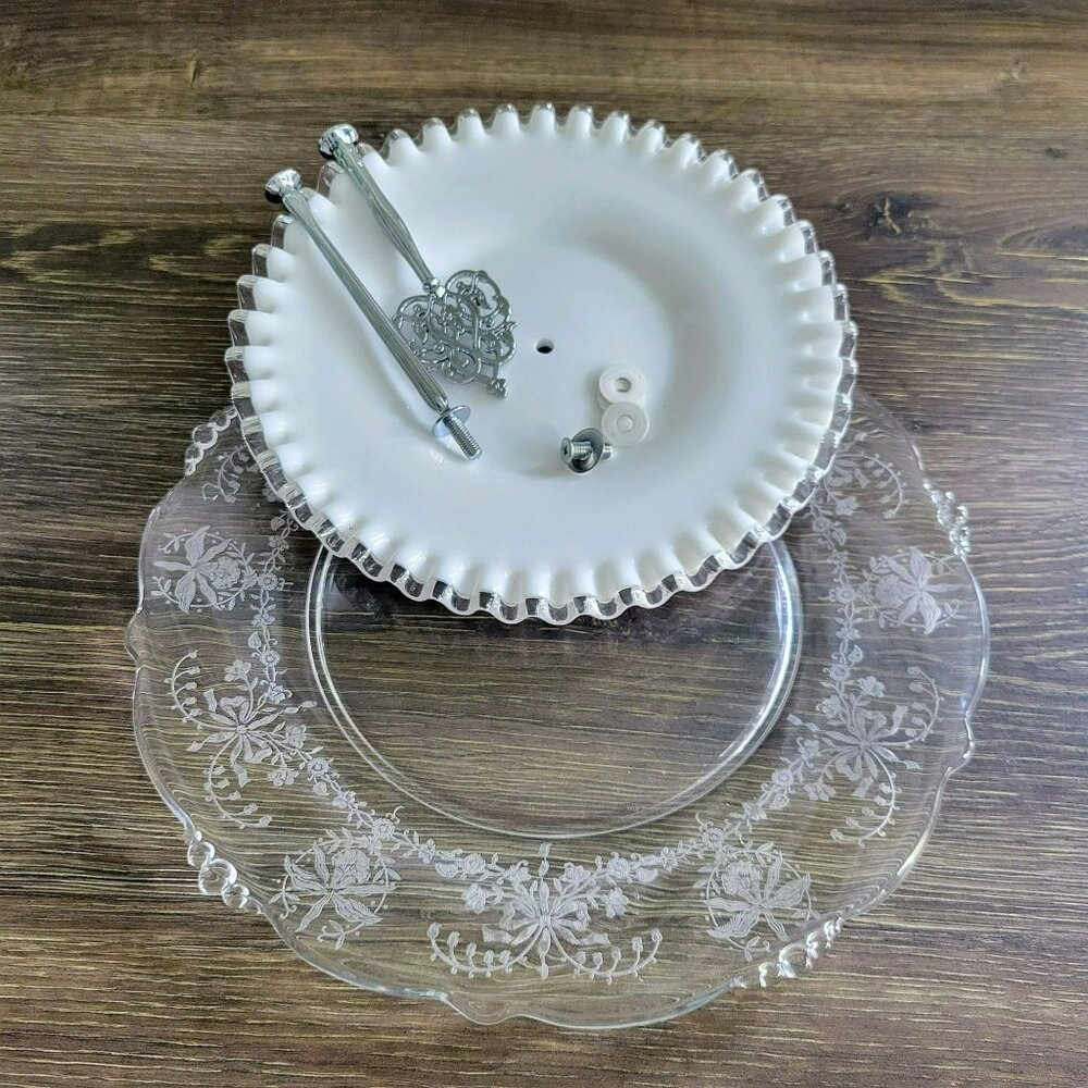 Mismatched Vintage 2-Tiered Glass Dessert Stand Fenton Silver Crest & Heisey - Picture 3 of 16